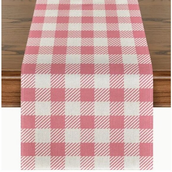 Table Runner 13x72in Woven Polyester Bright Pink Check - Picture 2 of 3